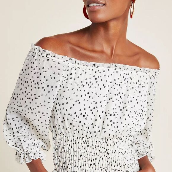 Anthropologie Lucia Off Shoulder Smocked Ruffled Blouse Polka dot - Picture 1 of 15